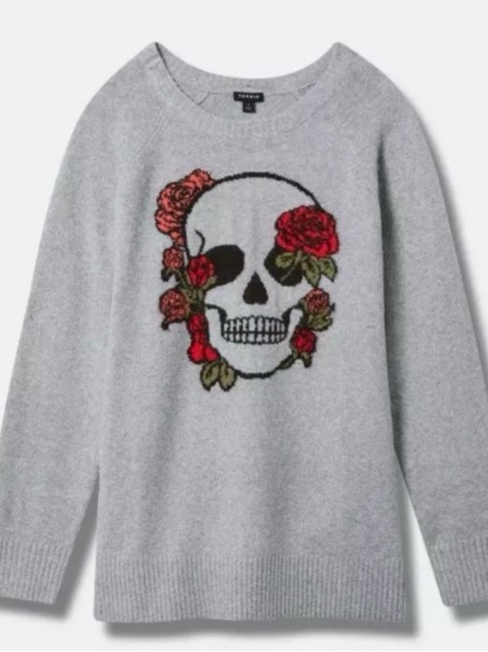 Torrid- Gray Knit Crewneck Sweater with Skull & Red Rose Motif - Size 1